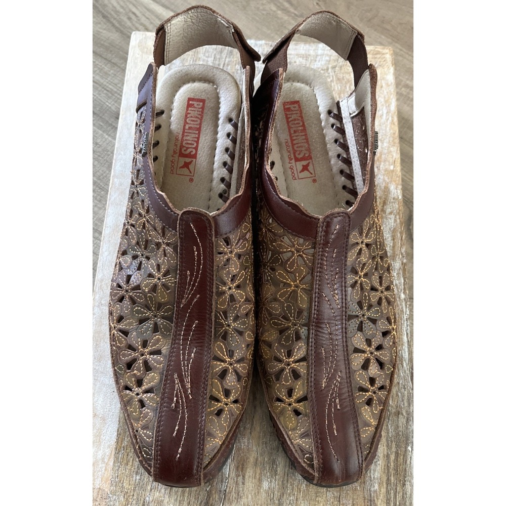 Pikolinos Papiro Brown Iridescent Leather Perforated Heeled Mules Size 38